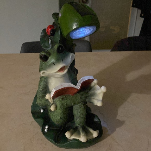 Solar Powered Frog Reader Garden Decor - Picture 3 of 13